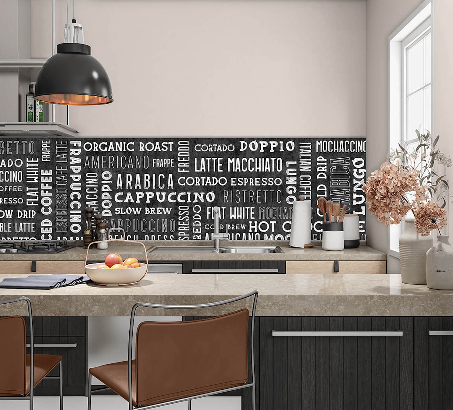 Keukenwand met print - Koffie teksten