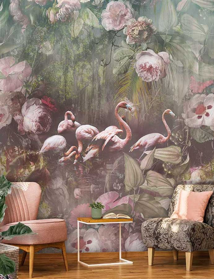 Floral Utopia Behang - Flamingo Found Dark