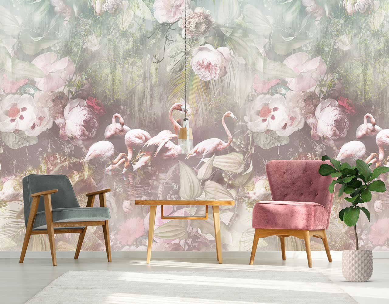 Florale Utopia-Tapete – Flamingo Found Light