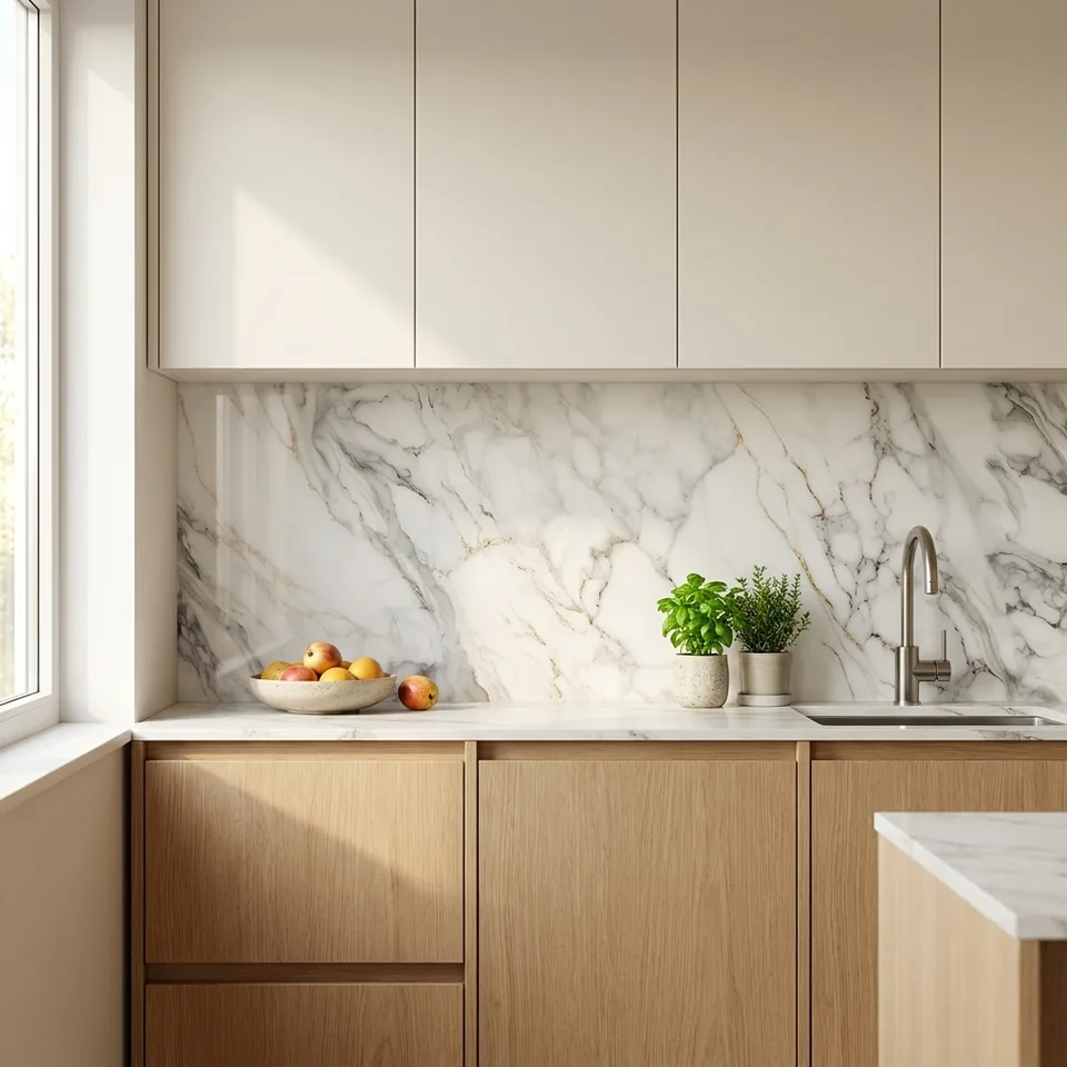 Kitchen with a white marble backsplash with gold veins