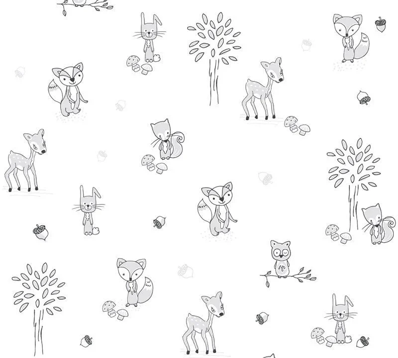 Kinderbehang Puck & Rose - Dieren Wit/Zwart
