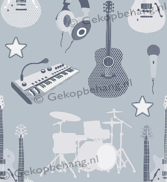 INGK Tapete - Thomas - instrumenten licht blauw/grijs