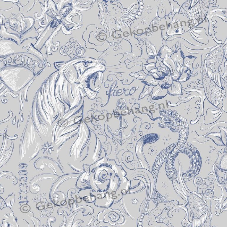INGK Behang - Thomas - tattoo grijs/blauw