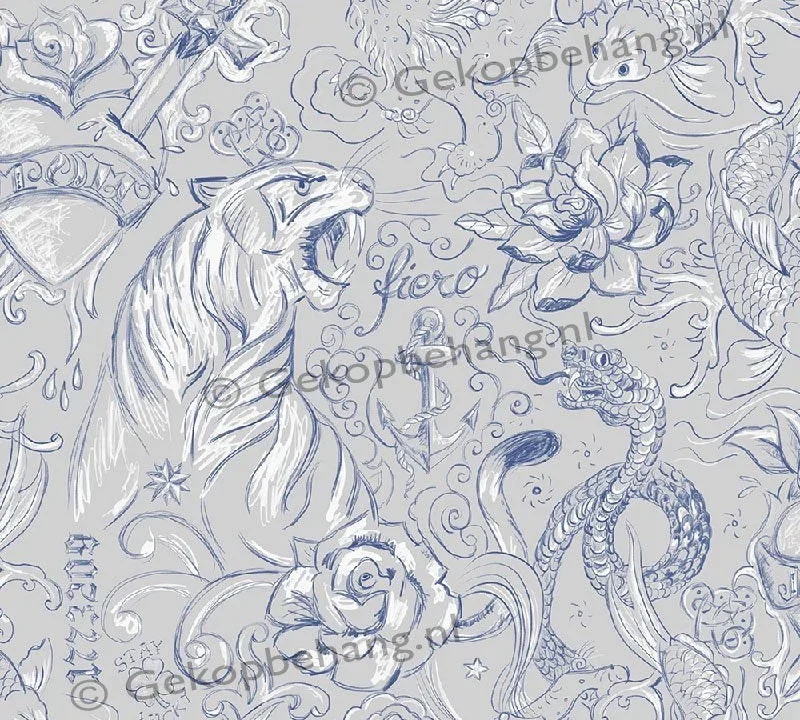 INGK Tapete - Thomas - tattoo grijs/blauw