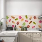 Macaron Party Butter backsplash with colourful macarons on cream background in white kitchen
