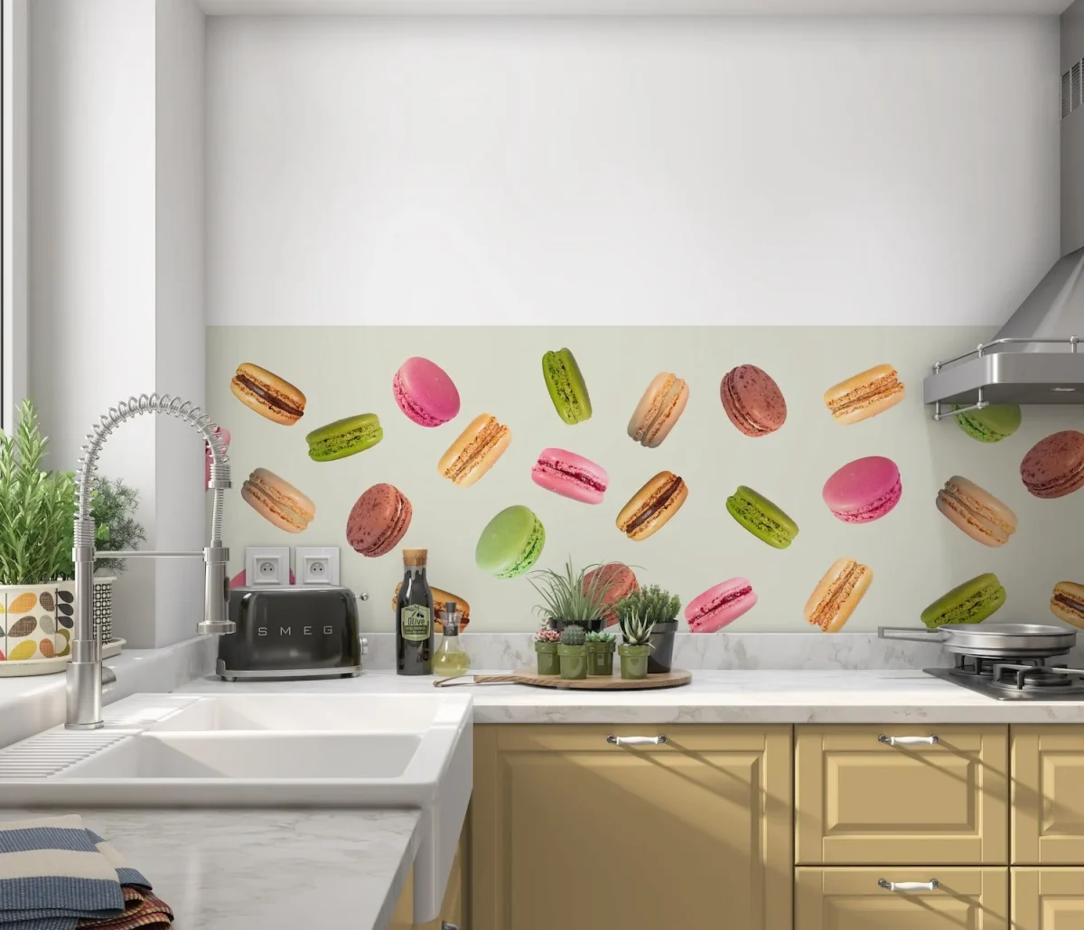 Macaron Party Pistachio backsplash with colourful macarons on mint green background in white kitchen