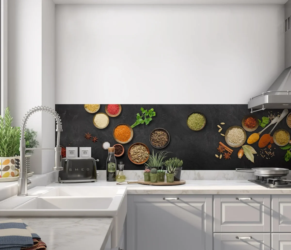 Spices India Love Slate backsplash DW4414 with spices in bowls and fresh herbs on slate background