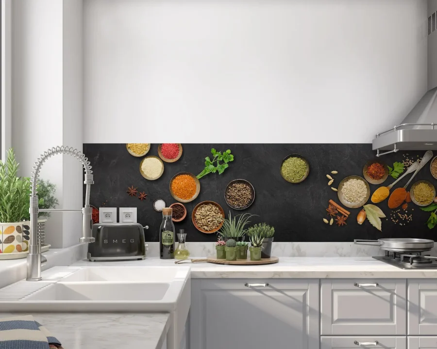Spices India Love Slate Küchenrückwand DW4414 mit Gewürzen in Schälchen und frischen Kräutern auf Schiefer-Hintergrund