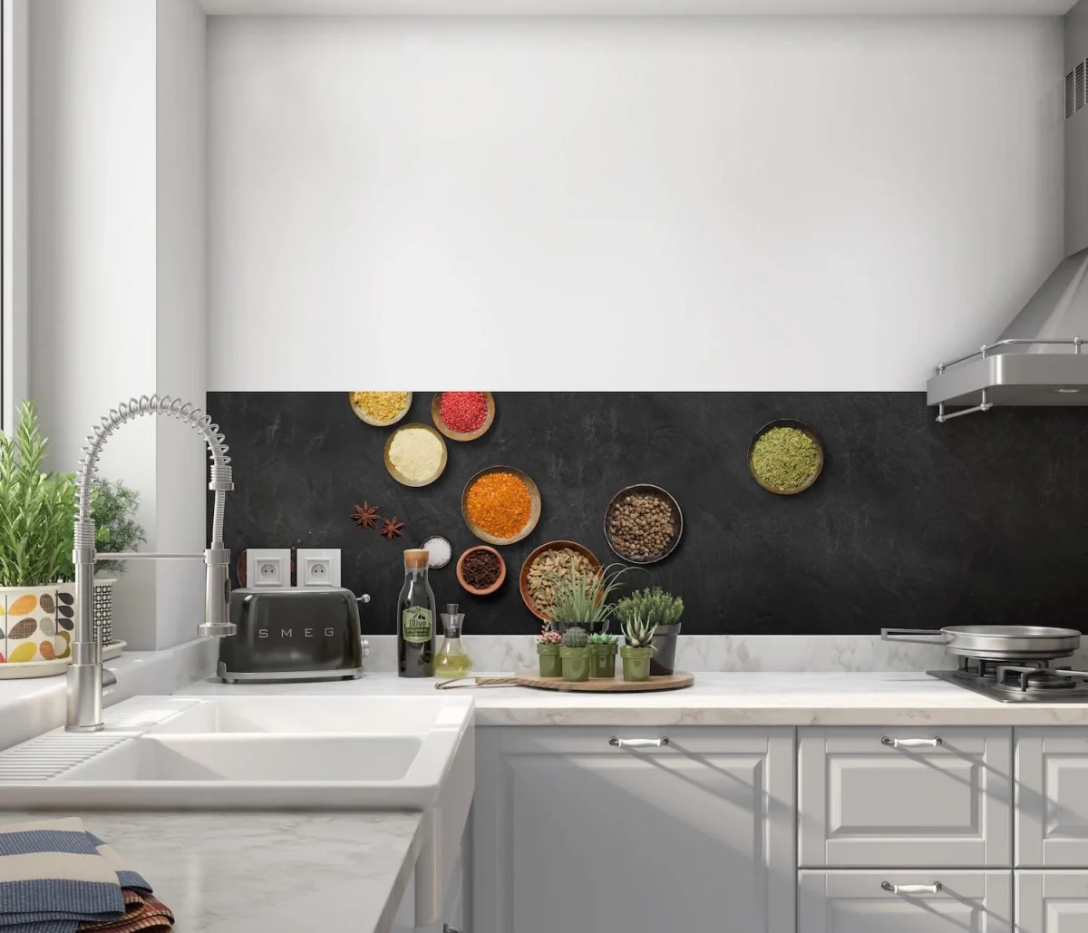 Spices India Love backsplash DW4415 with colourful spices in bowls on dark background