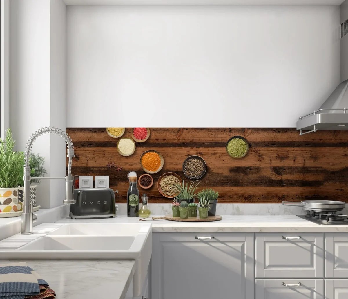 Küchenrückwand mit Gewürzen in Schälchen auf dunklen Holzplanken DW4416