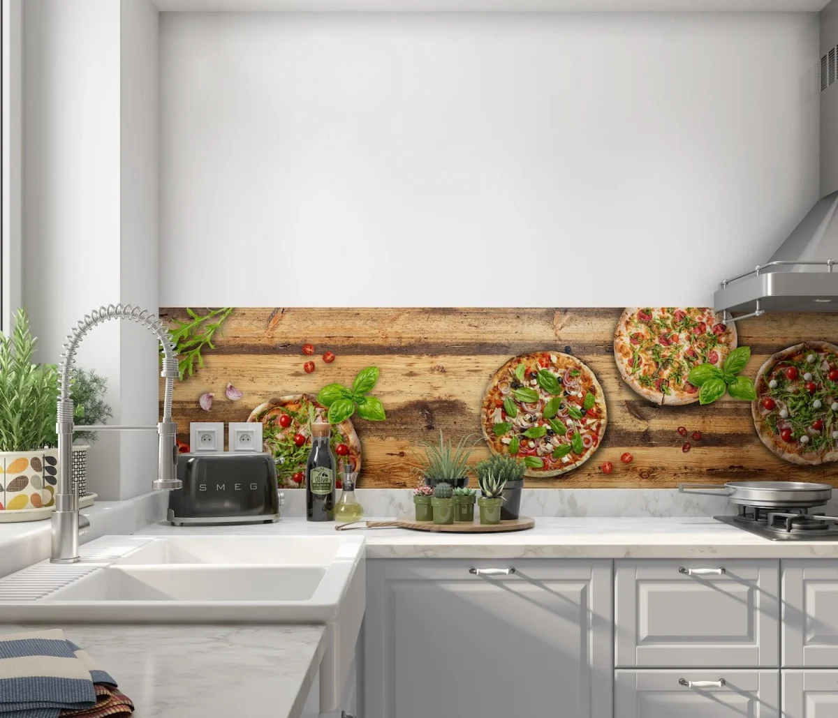 Pizza backsplash on wood look background DW4418 with fresh pizzas and herbs