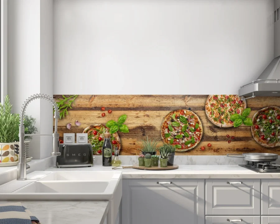 Pizza spatwand op houtlook achtergrond DW4418 met verse pizza's en kruiden