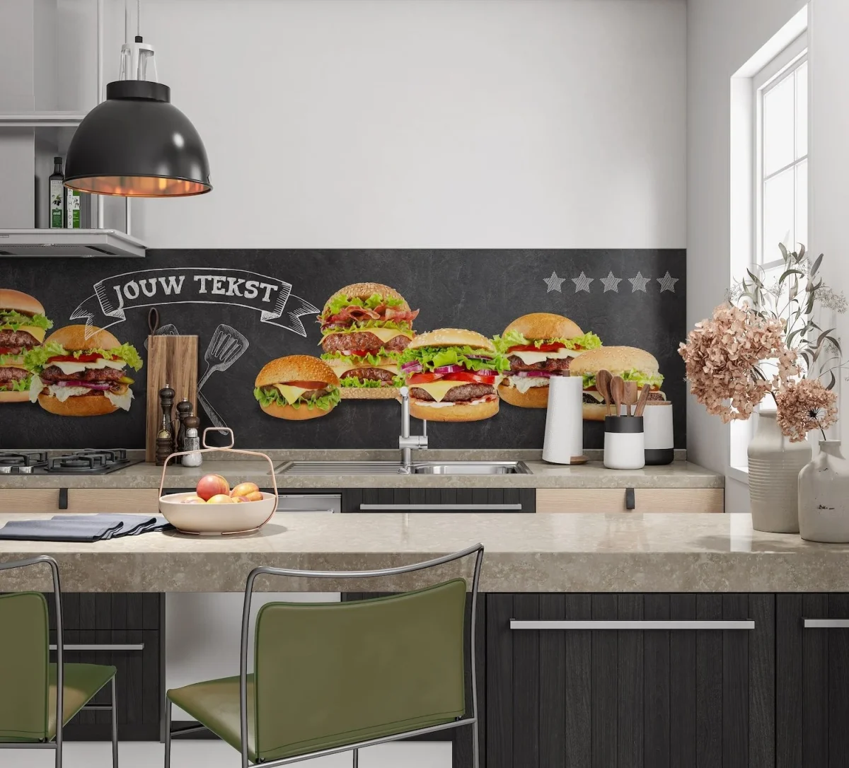 Burger Party Küchenrückwand DW4419 mit Hamburgern auf dunklem Tafelhintergrund