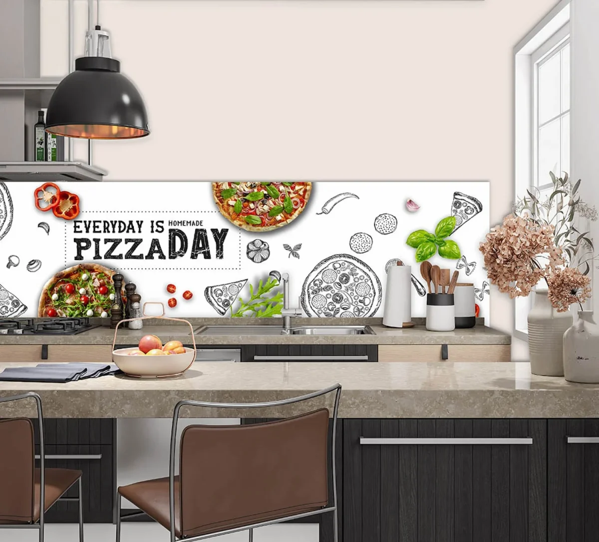 Pizza de Pizza Küchenrückwand DW4423 mit Pizzen, Basilikum und Illustrationen auf weißem Hintergrund