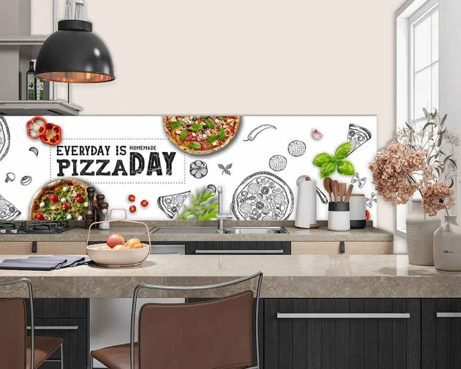 Pizza de Pizza Küchenrückwand DW4423 mit Pizzen, Basilikum und Illustrationen auf weißem Hintergrund