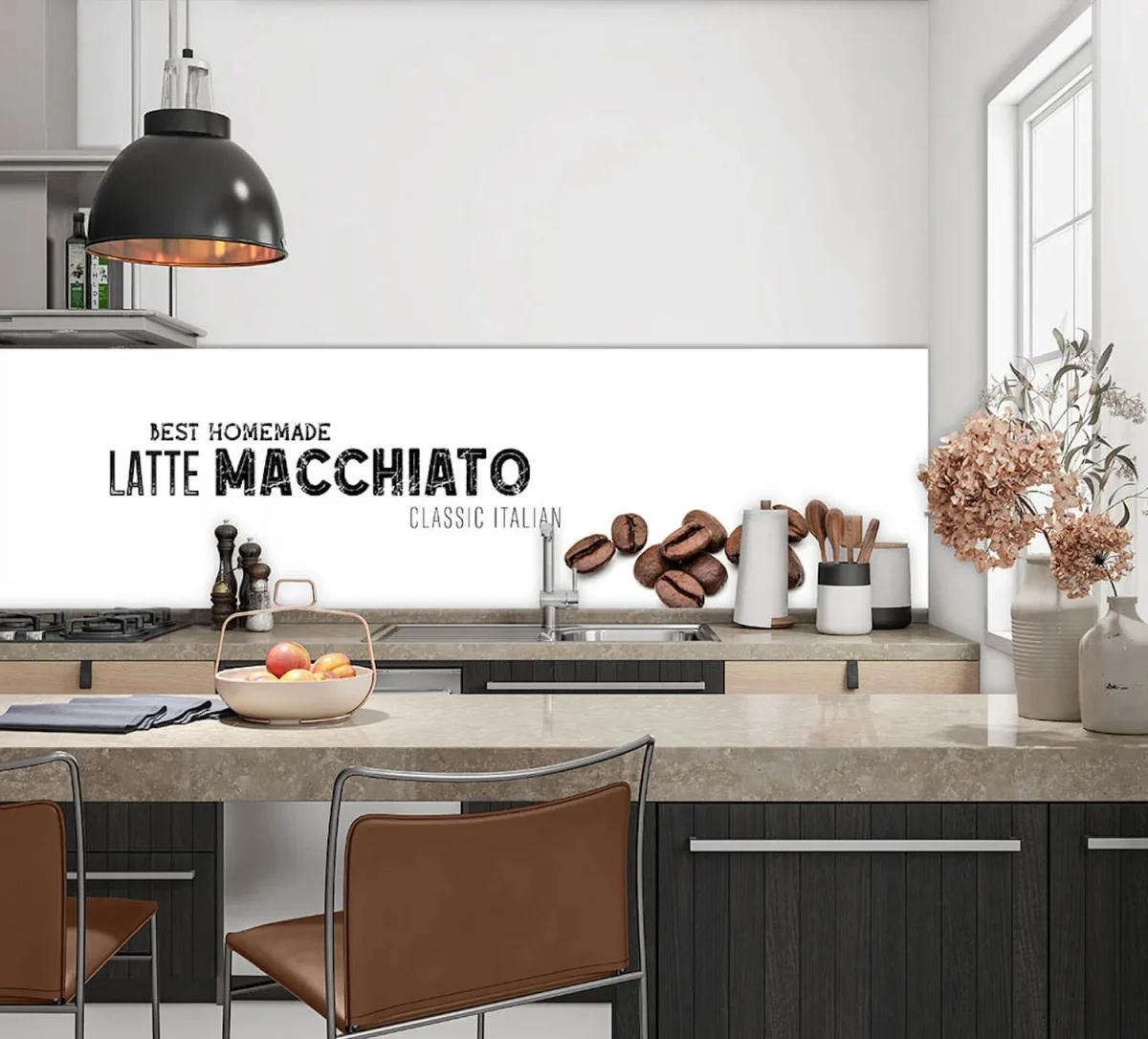 Best Homemade Latte Macchiato spatwand DW4401 met typografie en koffiebonen op witte achtergrond