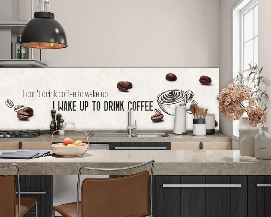 I Wake Up for Coffee spatwand DW4403 met koffiebonen en quote op crèmekleurige achtergrond