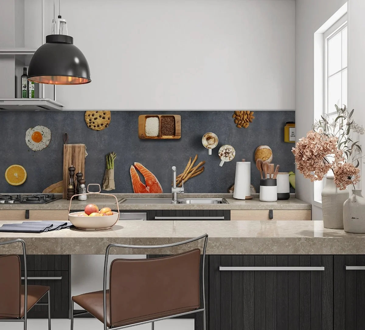 Fit Food backsplash DW4406 with healthy ingredients on dark grey concrete-look background