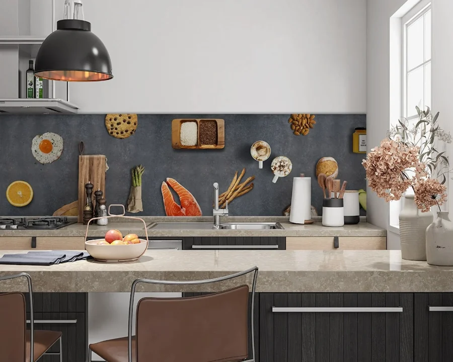 Fit Food Küchenrückwand DW4406 mit gesunden Zutaten auf dunkelgrauem Betonlook-Hintergrund