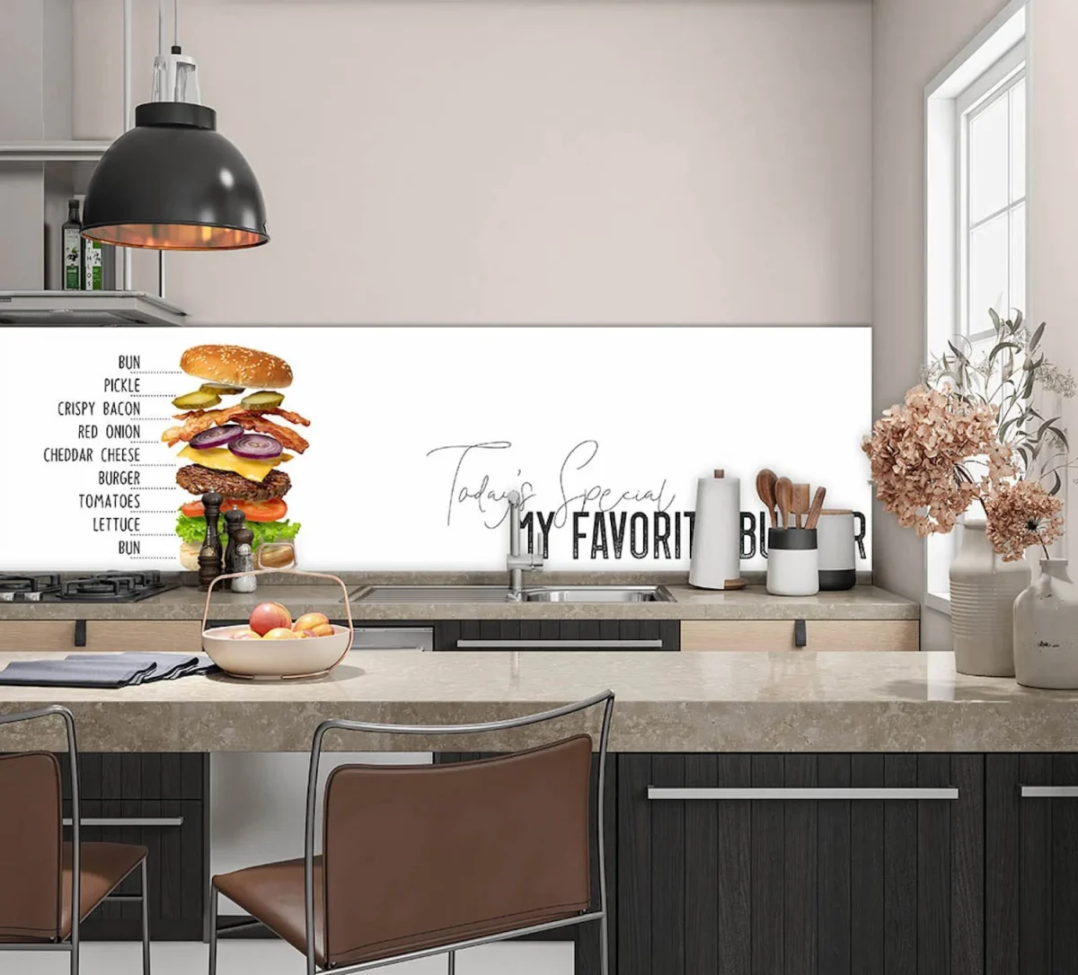 Burger Recept spatwand DW4407 met exploded-view hamburger en ingrediëntenlabels op witte achtergrond