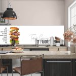 Burger Recept spatwand DW4407 met exploded-view hamburger en ingrediëntenlabels op witte achtergrond