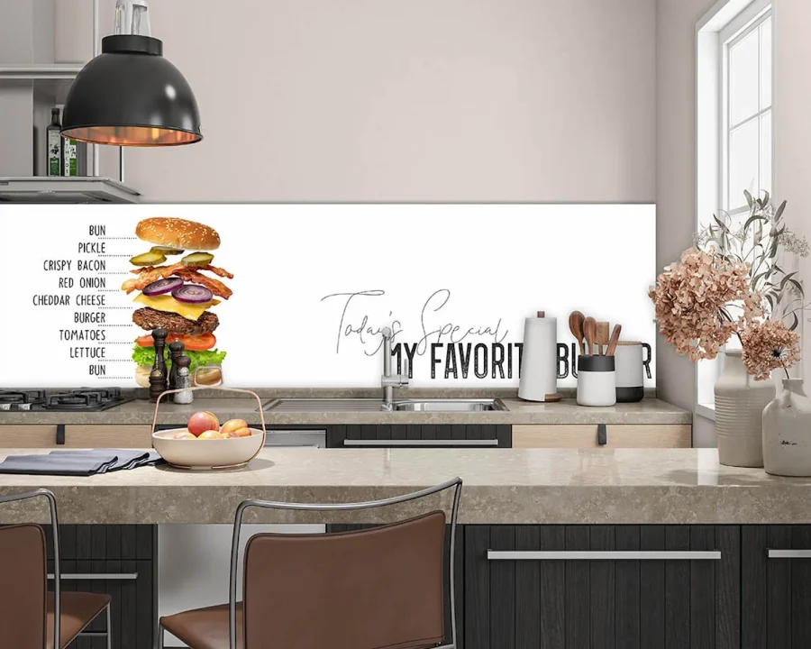 Burger Rezept Küchenrückwand DW4407 mit Exploded-View Hamburger und Zutatenlabels auf weißem Hintergrund