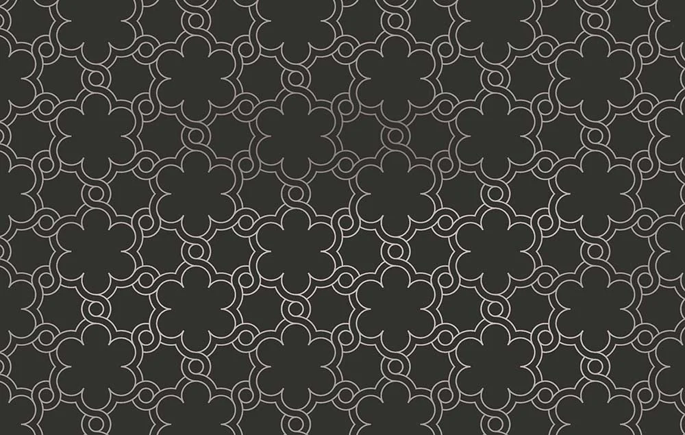 Casablanca Dark Zilver spatwand DW446106 met quatrefoil-patroon in zilverlijnen op antraciet achtergrond