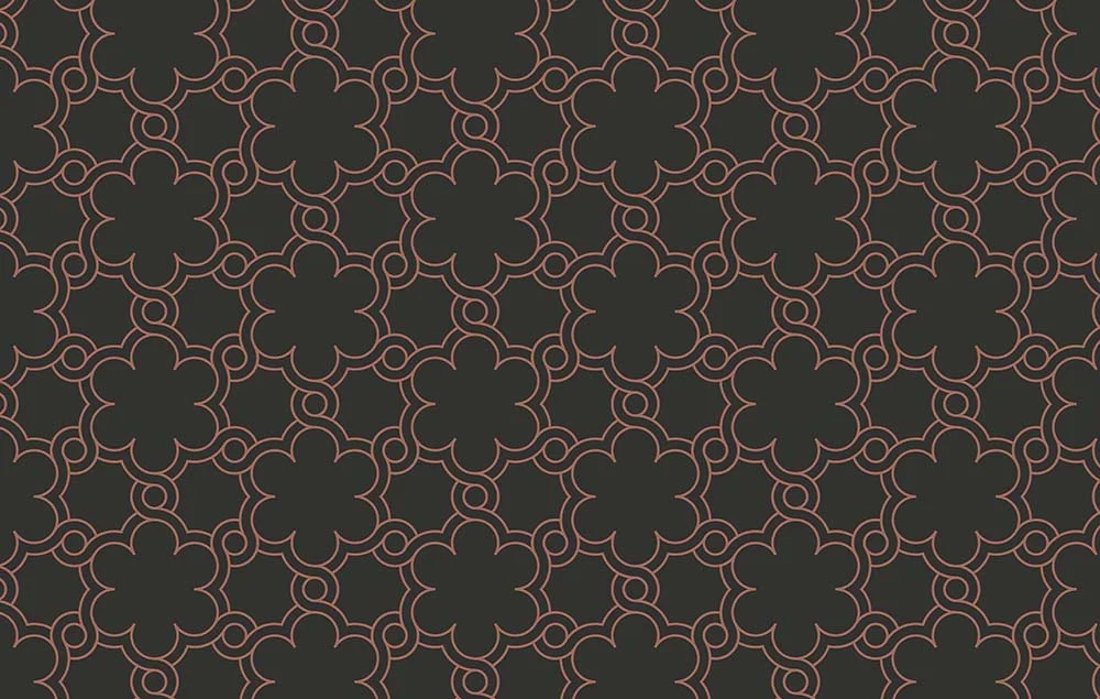 Casablanca Dark/Bronze Küchenrückwand DW446108 mit Quatrefoil-Muster in Bronzelinien auf dunklem Hintergrund