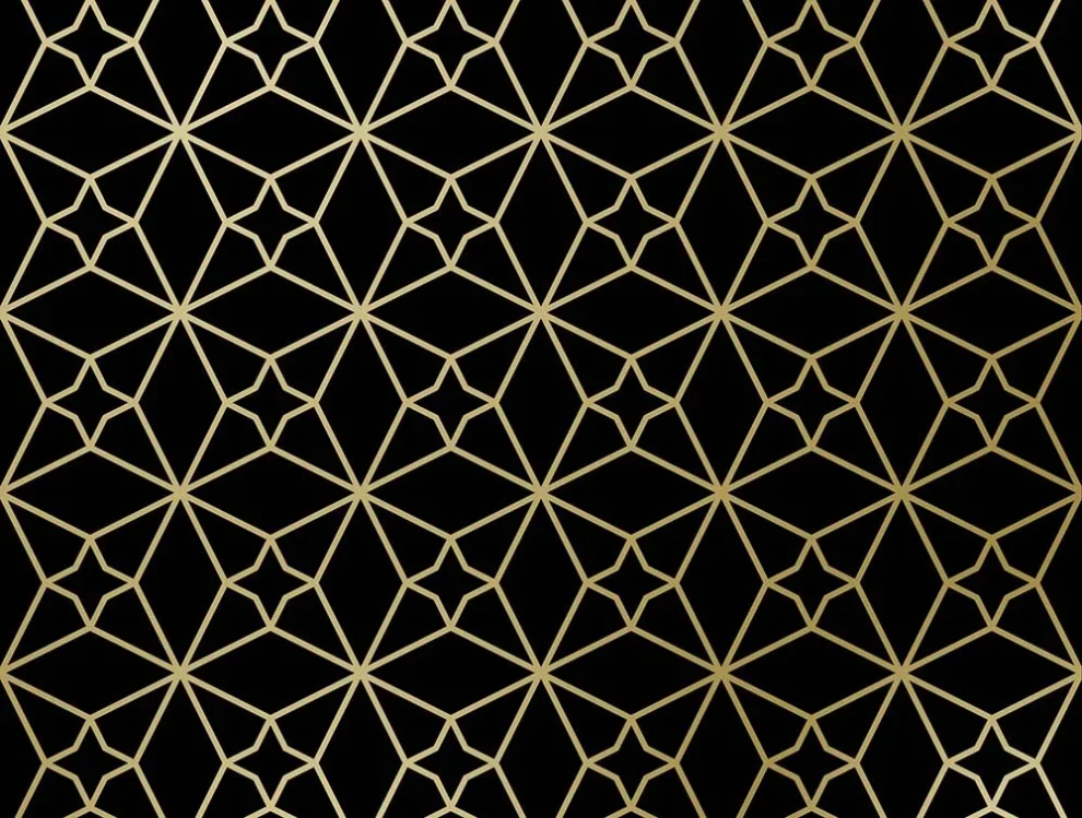 Motif géométrique d'étoiles dorées sur fond noir