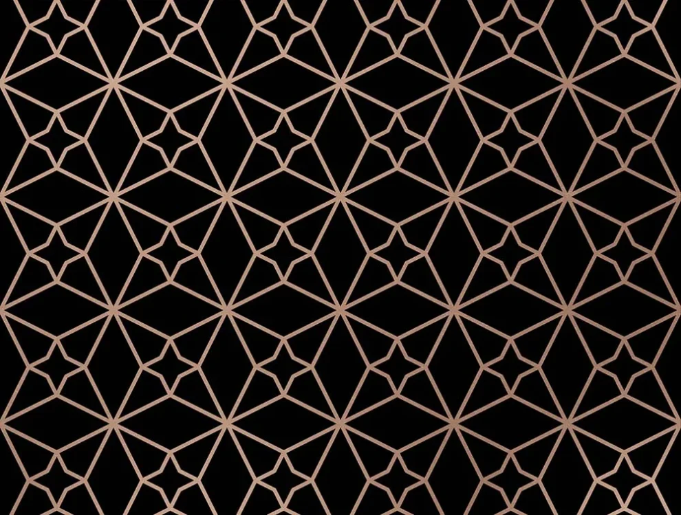 Motif géométrique d'étoiles or rose sur fond noir
