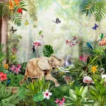 Muster Jungle Dance flach, Elefanten und Flamingos in einem blühenden Dschungel