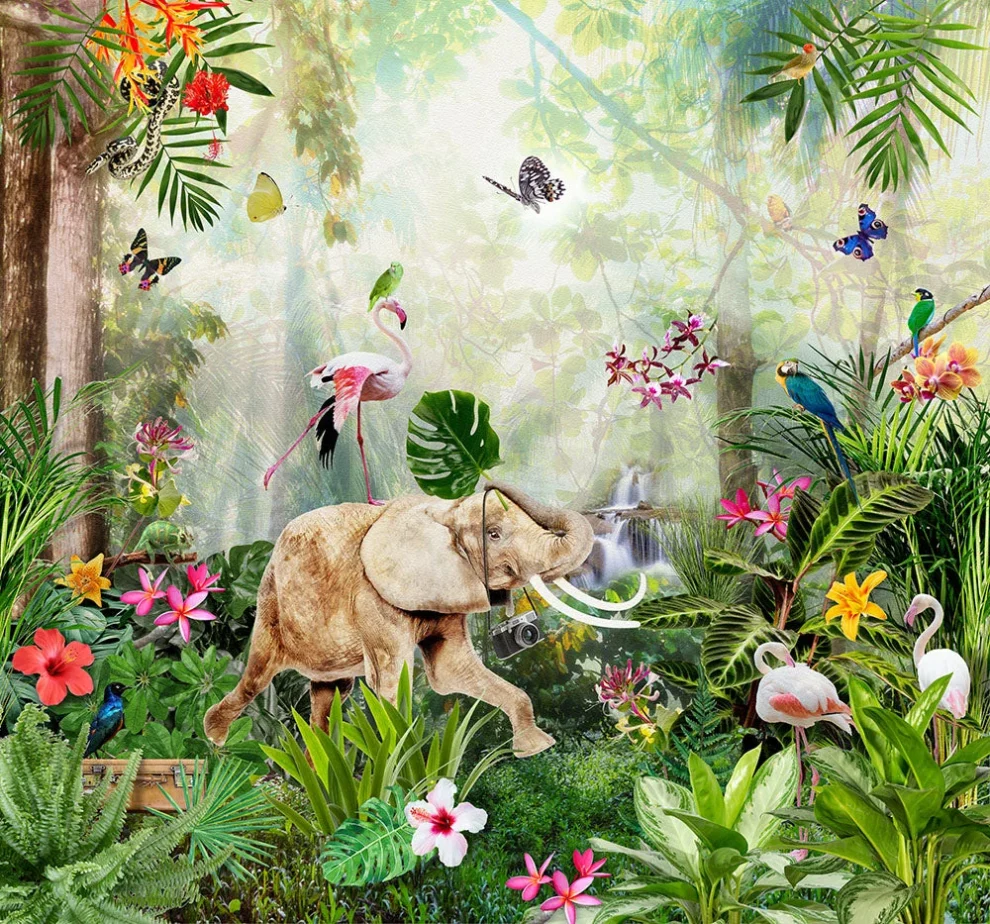 Muster Jungle Dance flach, Elefanten und Flamingos in einem blühenden Dschungel