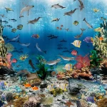 Dessin Aquarium plat, een koraalrif met tropische vissen en dolfijnen in helderblauw water