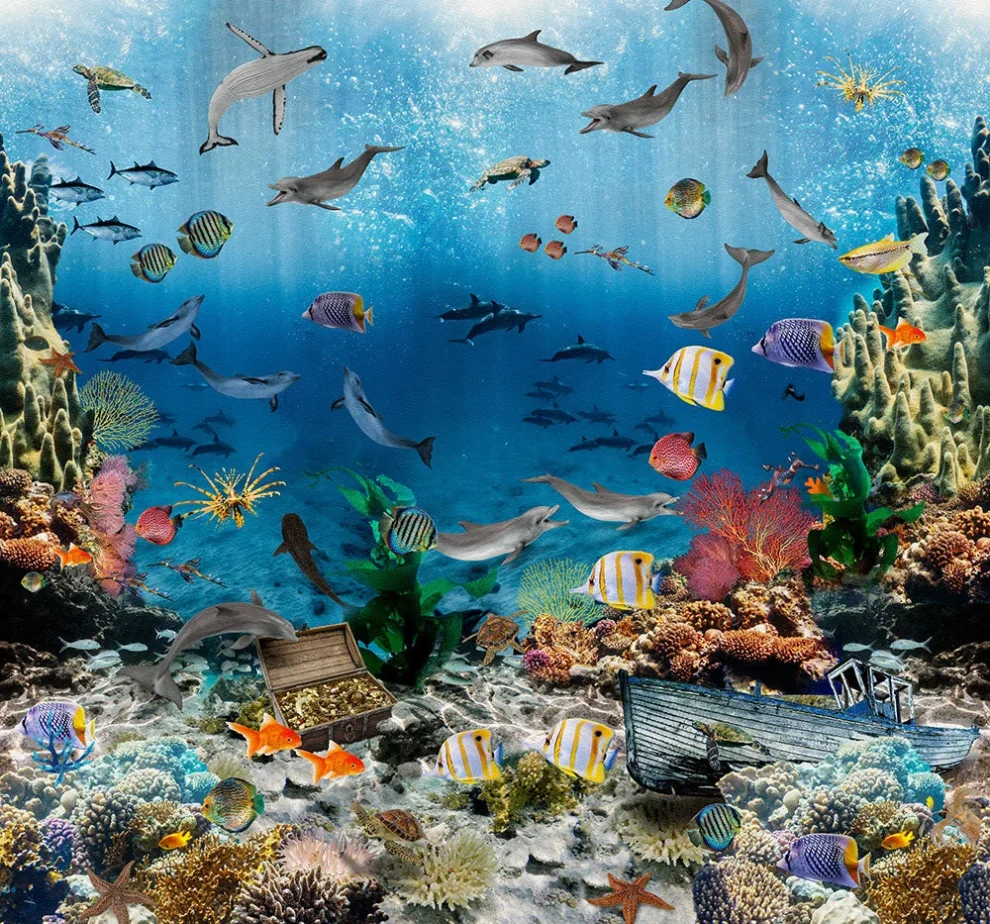 Dessin Aquarium plat, een koraalrif met tropische vissen en dolfijnen in helderblauw water