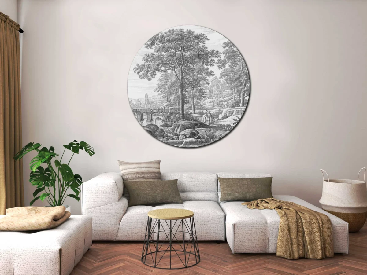 Black White Etching Tree Wall Circle