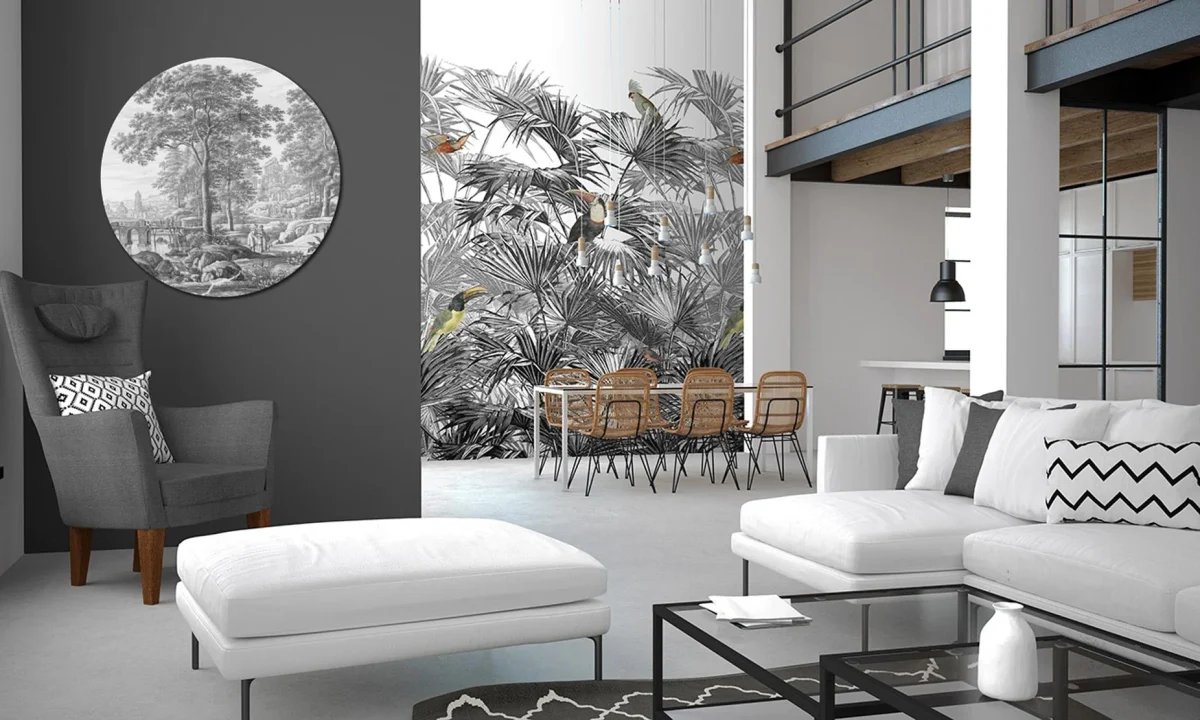 Black White Etching Tree Wall Circle