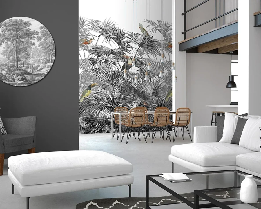 Black White Etching Tree Wall Circle