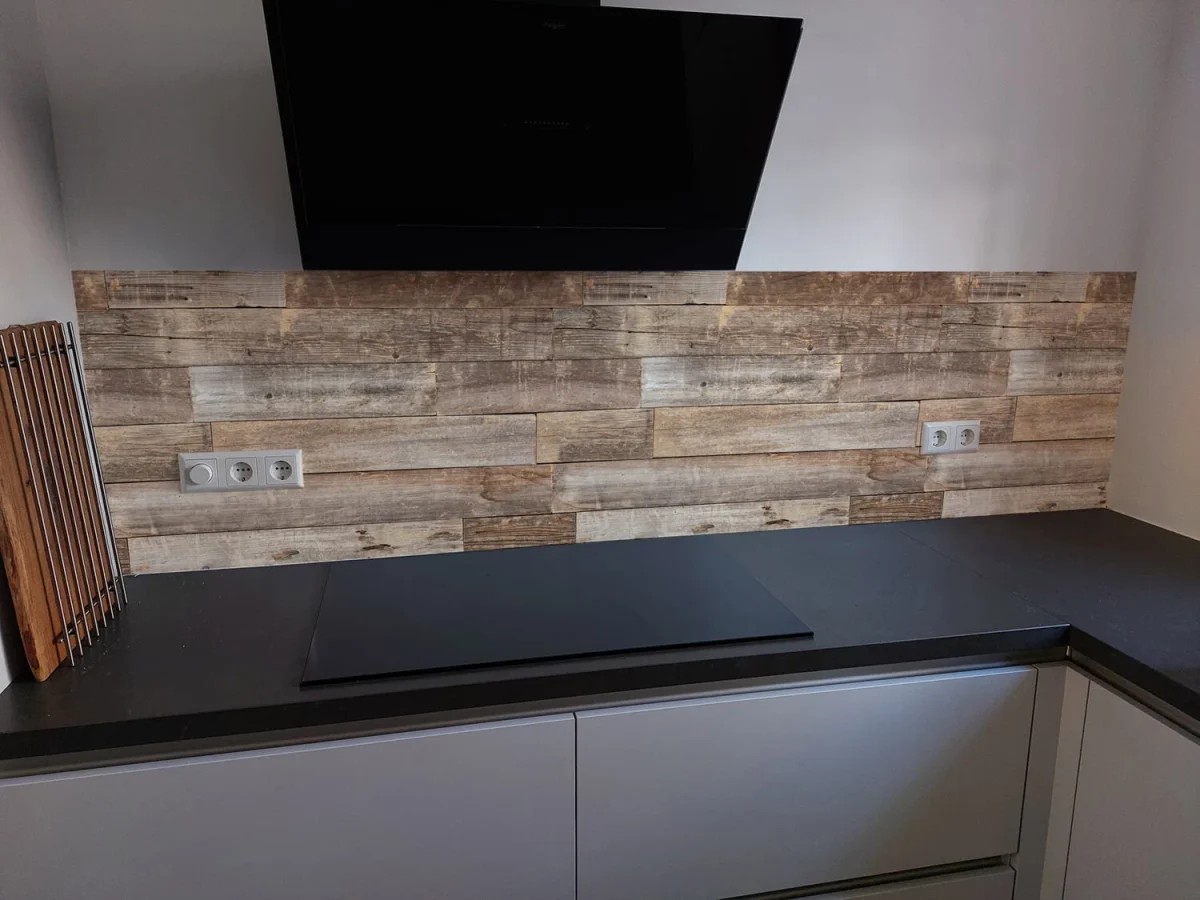 Wood print backsplash DW1057 in modern kitchen with dark worktop and reclaimed wood planks