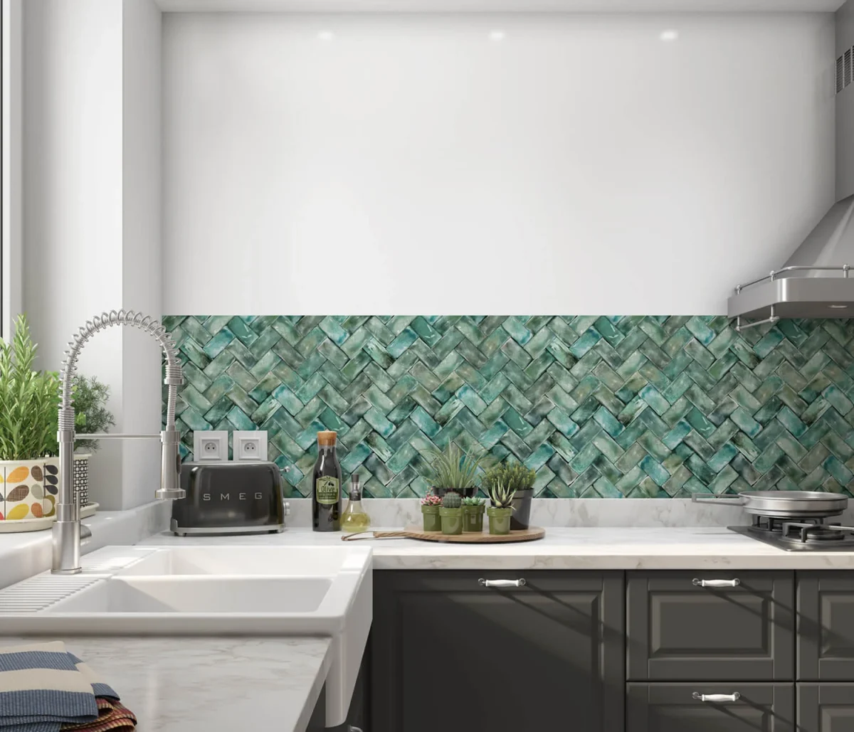Green grid tile backsplash DW1059 with turquoise and emerald-green glaze pattern in modern kitchen