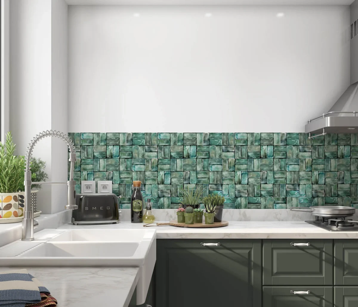 Grüne Mosaikfliesen Küchenrückwand DW1060 mit unregelmäßigem Zellige-Muster in Türkis und Smaragdgrün in Küche