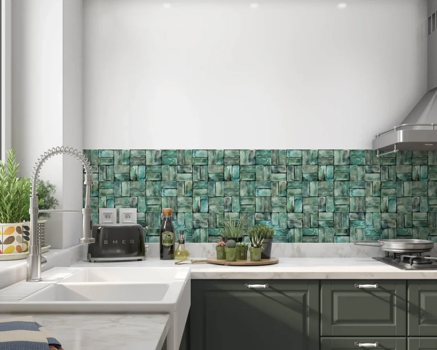 Grüne Mosaikfliesen Küchenrückwand DW1060 mit unregelmäßigem Zellige-Muster in Türkis und Smaragdgrün in Küche