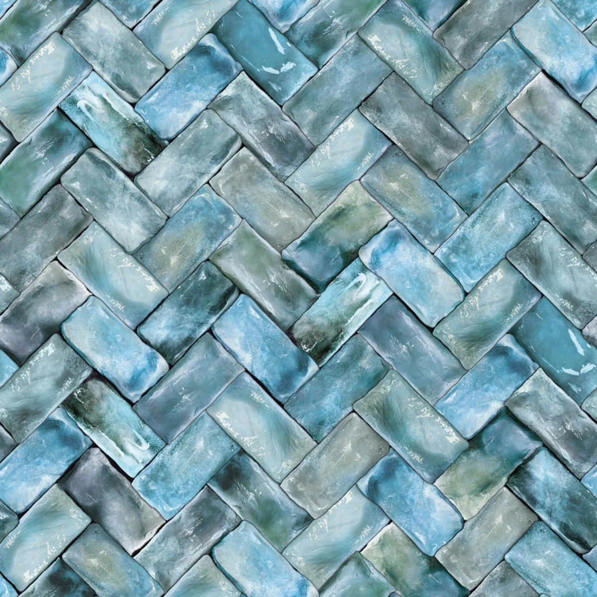 Blue-green herringbone tile-look backsplash DW1061 with glazed effect