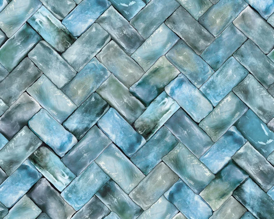 Blaugrüne Fischgrät Herringbone Fliesenoptik Küchenrückwand DW1061 mit Glasureffekt