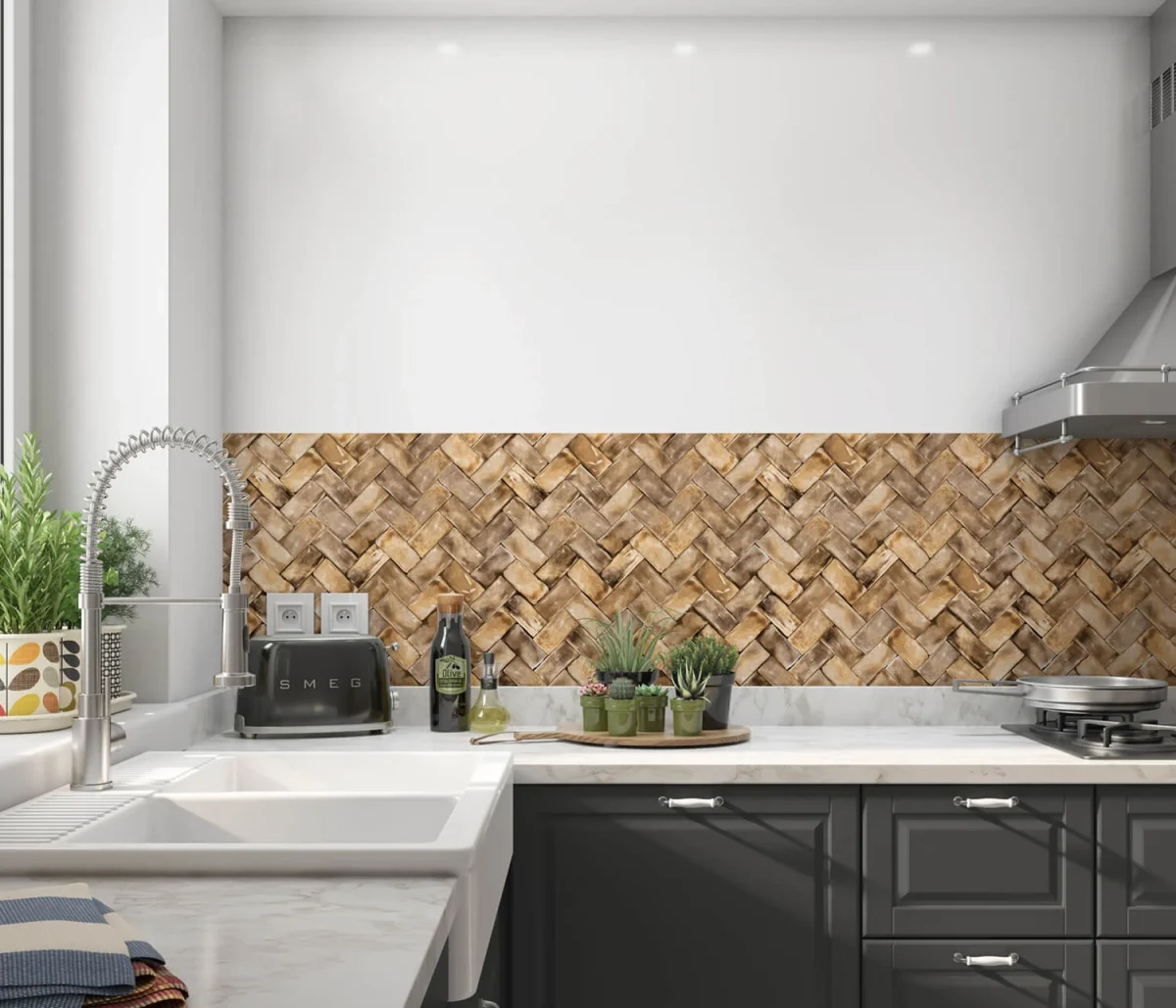 Herringbone backsplash DW1062 in warm wood-brown and caramel tones in modern kitchen