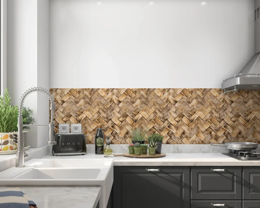 Fischgrät Herringbone Küchenrückwand DW1062 in warmen Holzbraun- und Karamelltönen in moderner Küche