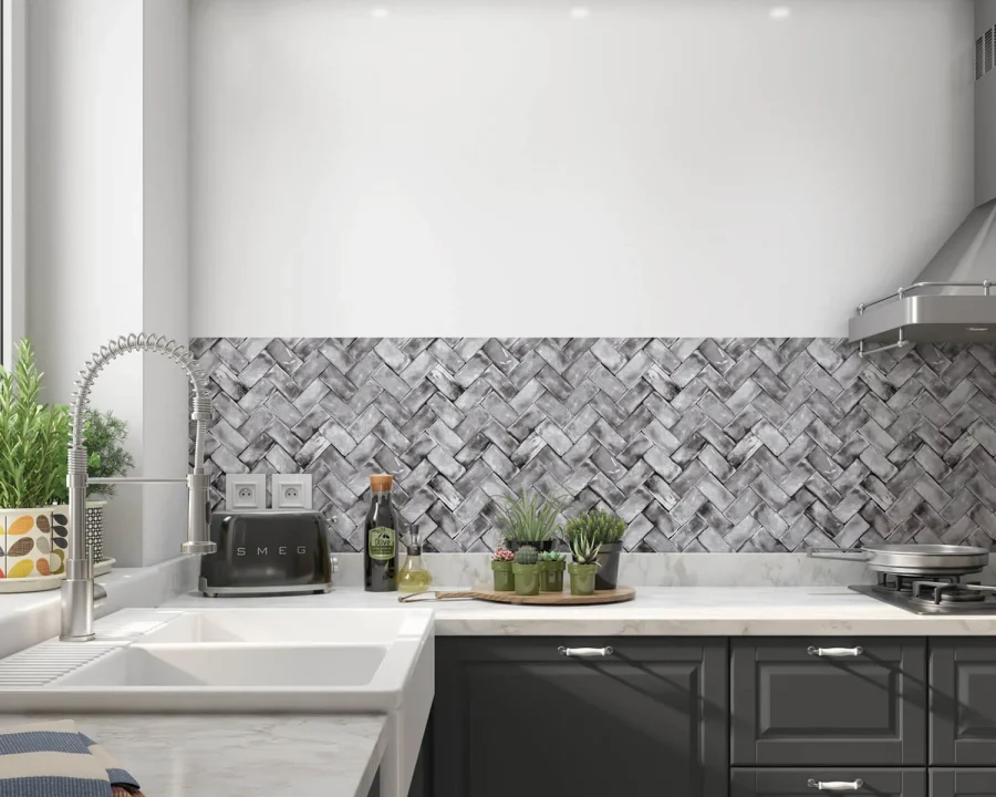 Graue Fischgrät Herringbone Küchenrückwand DW1063 mit steinartiger Oberfläche in moderner Küche