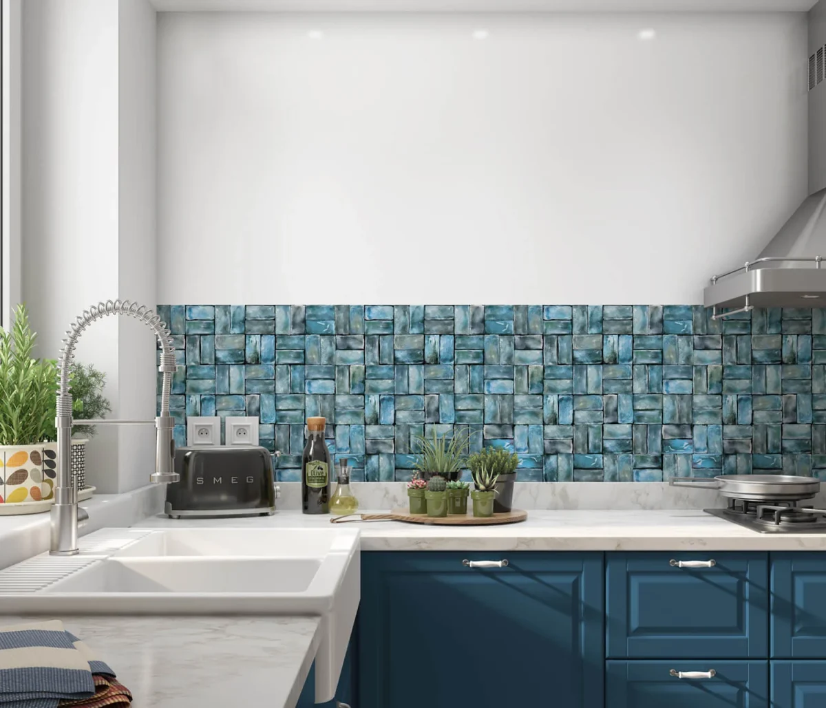 Blaue Mosaik-Küchenrückwand DW1064 mit türkisen und petrolblauen Fliesen in moderner Küche