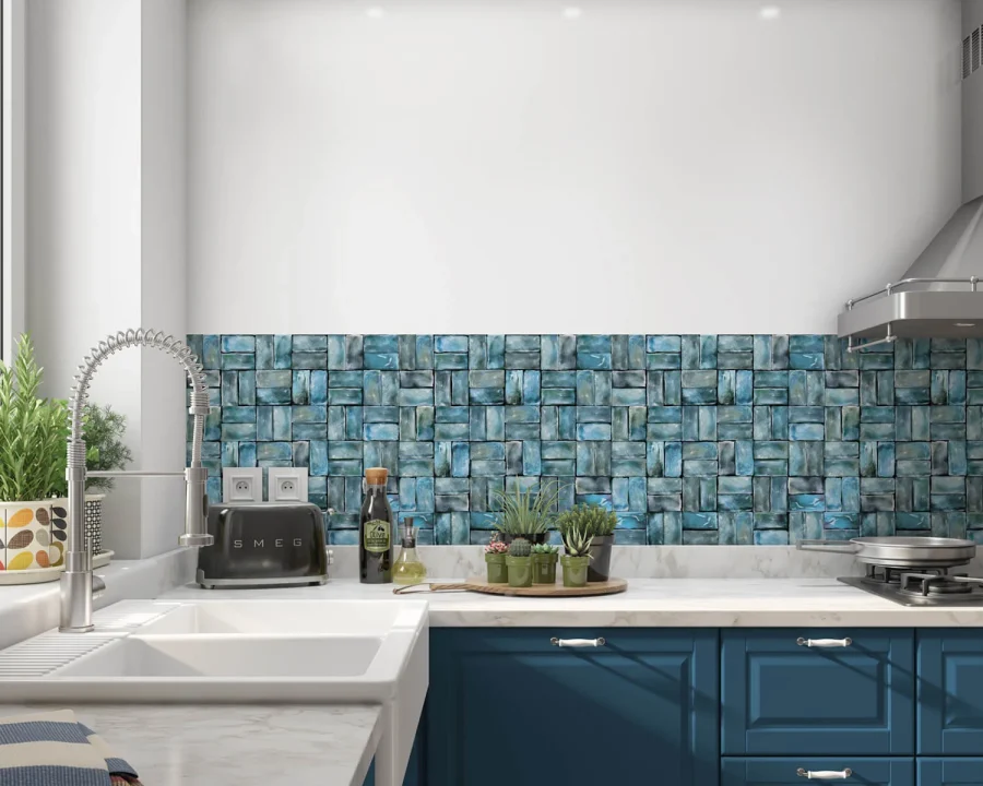 Blue mosaic backsplash DW1064 with turquoise and petrol blue tiles in modern kitchen