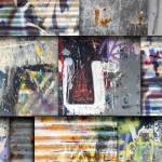 Collage de graffiti streetart coloré avec éclaboussures de peinture et tags sur métal et béton vieilli en couleurs vives