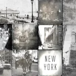 New York City photo collage backsplash DW2032 with Empire State Building Brooklyn Bridge and Statue of Liberty in black-and-white tile pattern
